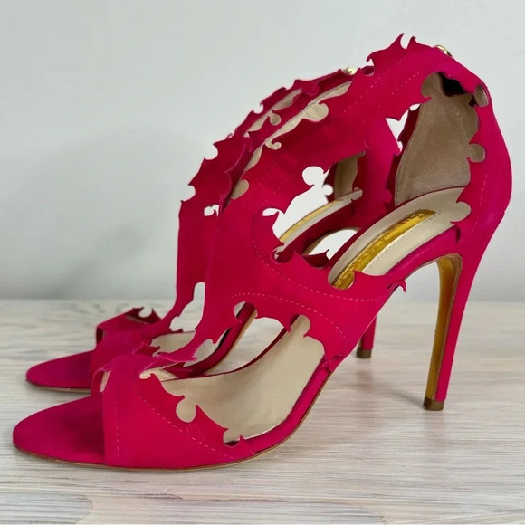 Rupert Sanderson Floria Pink Fuchsia Suede Cutout Peep Toe Heeled Sandals - Picture 1 of 16